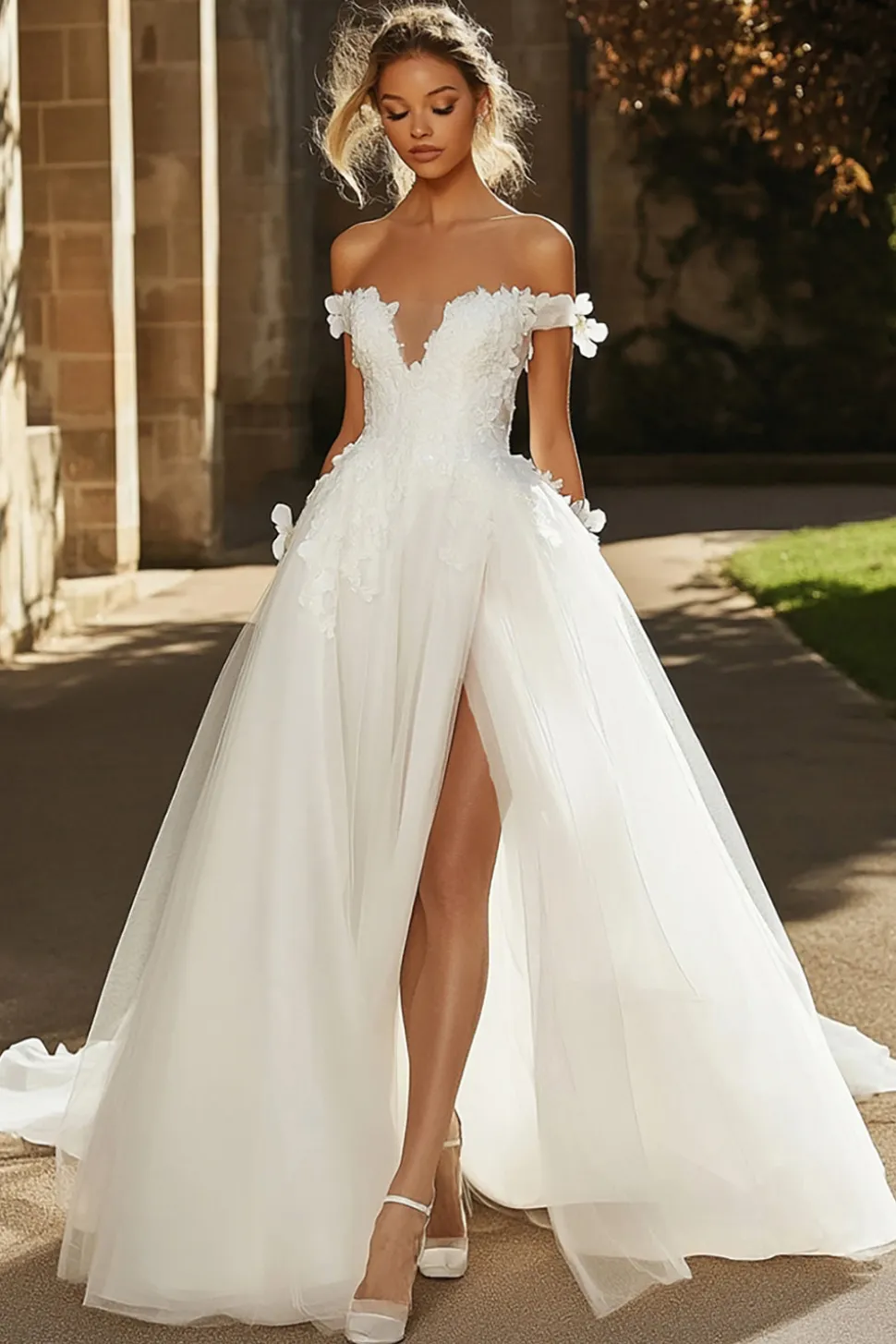 Elegante marfim floral fora do ombro tule A-Line Applique vestido de noiva longo com fenda