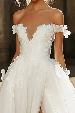 Elegante marfim floral fora do ombro tule A-Line Applique vestido de noiva longo com fenda