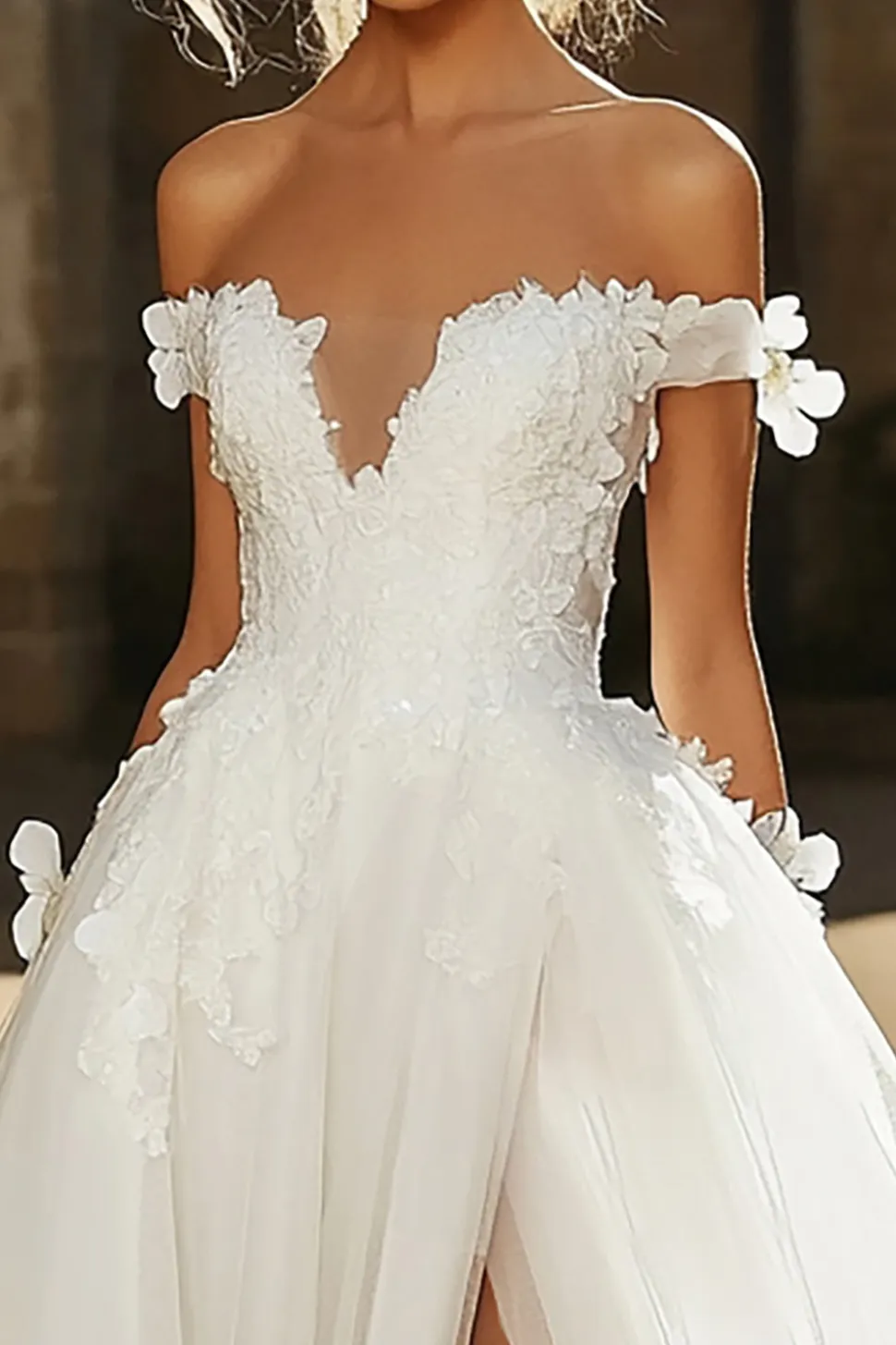 Elegante marfim floral fora do ombro tule A-Line Applique vestido de noiva longo com fenda