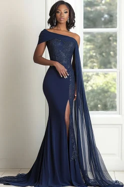 Elegante Marinha Um Ombro Sereia Applique Chiffon Long Mãe da Noiva com Cabo