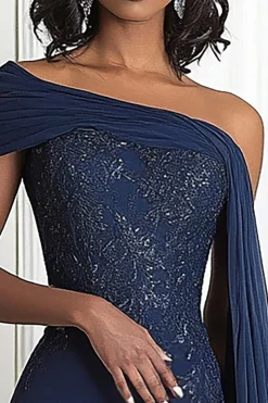 Elegante Marinha Um Ombro Sereia Applique Chiffon Long Mãe da Noiva com Cabo