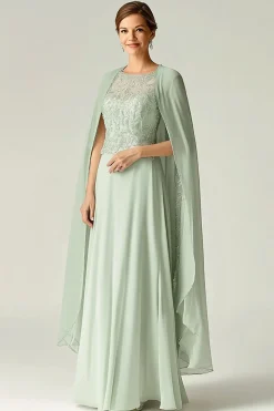 Elegante Mint A-Line Scoop Chiffon frisado Long Mother of the Bride Dress with Cap