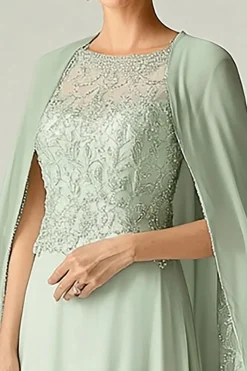Elegante Mint A-Line Scoop Chiffon frisado Long Mother of the Bride Dress with Cap