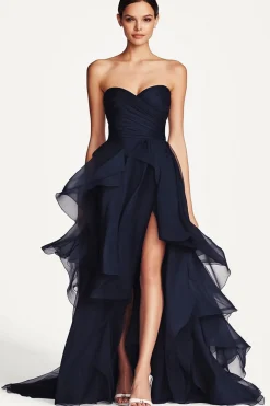 Elegante Navy babado uma linha querida vestido formal com fenda