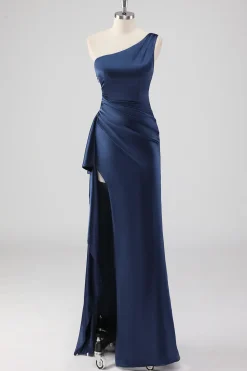 Elegante Navy cetim um ombro vestido formal com fenda