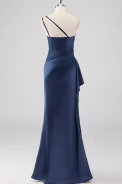 Elegante Navy cetim um ombro vestido formal com fenda
