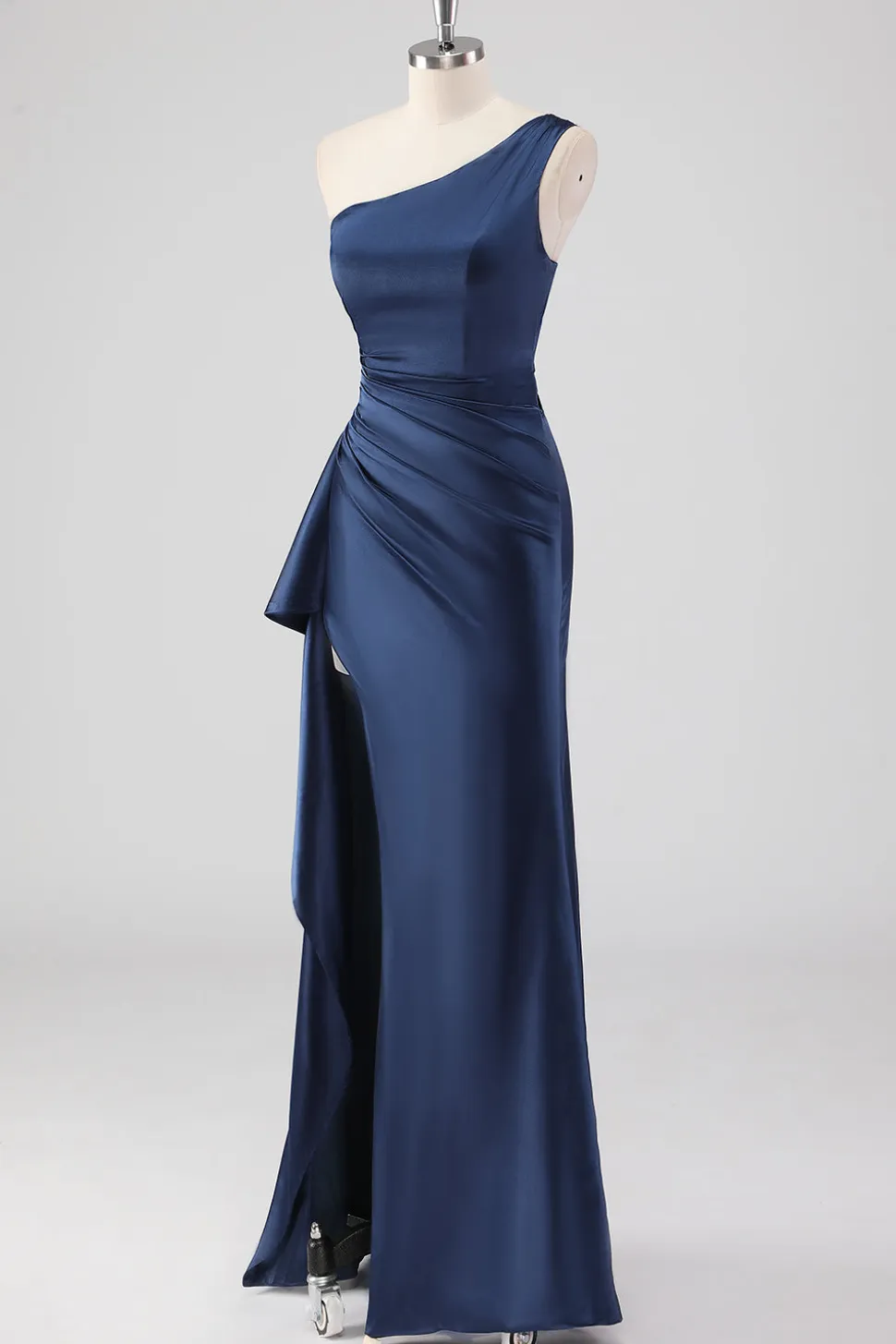 Elegante Navy cetim um ombro vestido formal com fenda