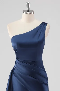 Elegante Navy cetim um ombro vestido formal com fenda