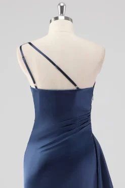 Elegante Navy cetim um ombro vestido formal com fenda