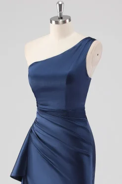 Elegante Navy cetim um ombro vestido formal com fenda