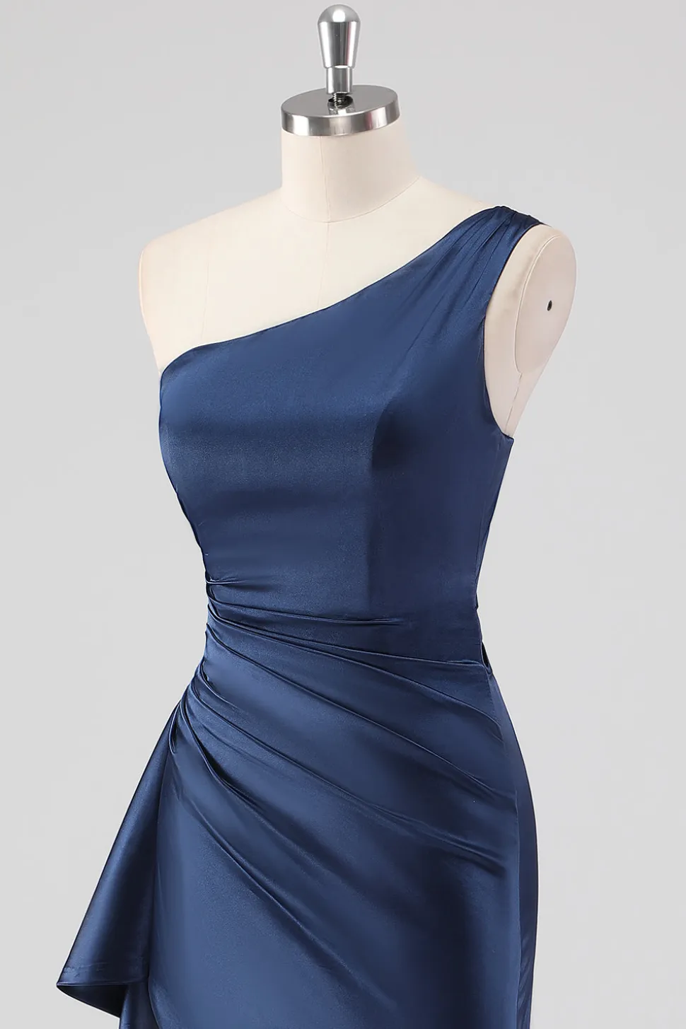 Elegante Navy cetim um ombro vestido formal com fenda