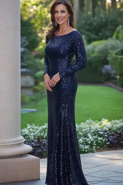 Elegante Navy Sequined Scoop Bainha Longa Mãe da Noiva Vestido com mangas compridas