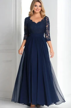 Elegante Navy V-Neck A-Line Chiffon Long Mãe Do Vestido da Noiva com 3/4 Mangas