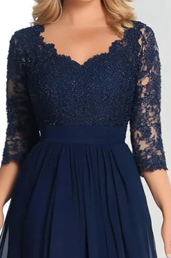 Elegante Navy V-Neck A-Line Chiffon Long Mãe Do Vestido da Noiva com 3/4 Mangas