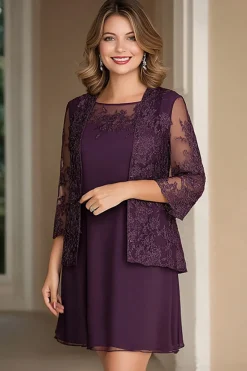 Elegante Plum Pencil Boat Neck Chiffon Long Mother Of the Bride Dress with Lace Appliques