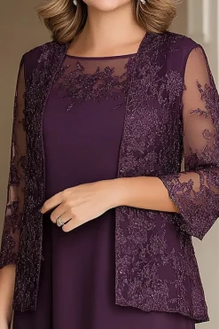 Elegante Plum Pencil Boat Neck Chiffon Long Mother Of the Bride Dress with Lace Appliques