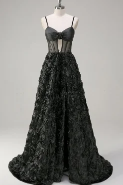 Elegante preto A Line 3D Floral Ball Gown com espartilho Sheer
