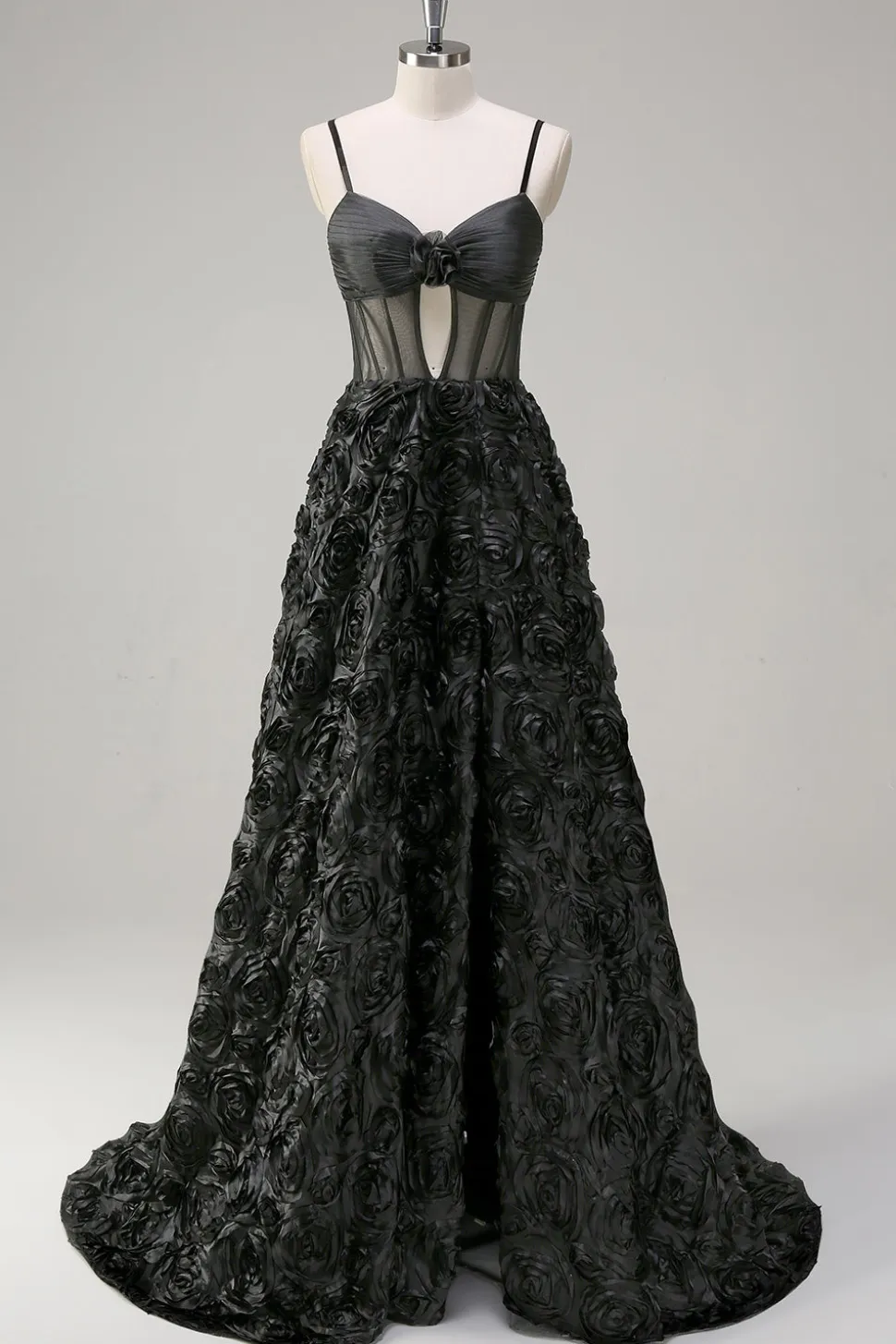 Elegante preto A Line 3D Floral Ball Gown com espartilho Sheer
