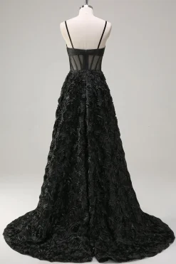 Elegante preto A Line 3D Floral Ball Gown com espartilho Sheer