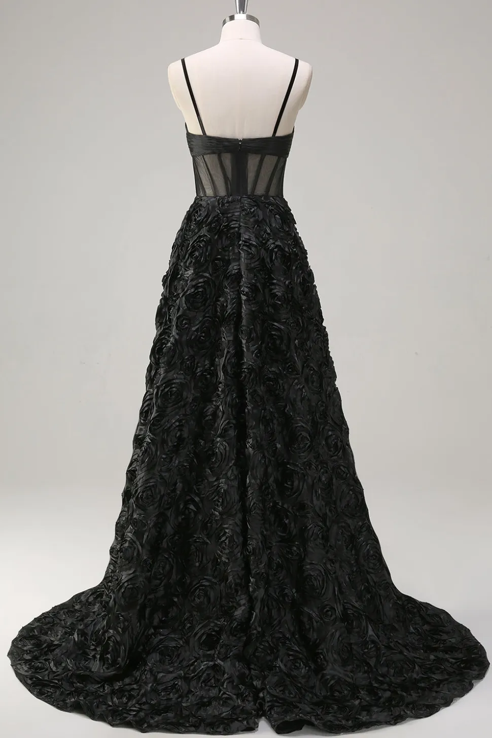 Elegante preto A Line 3D Floral Ball Gown com espartilho Sheer