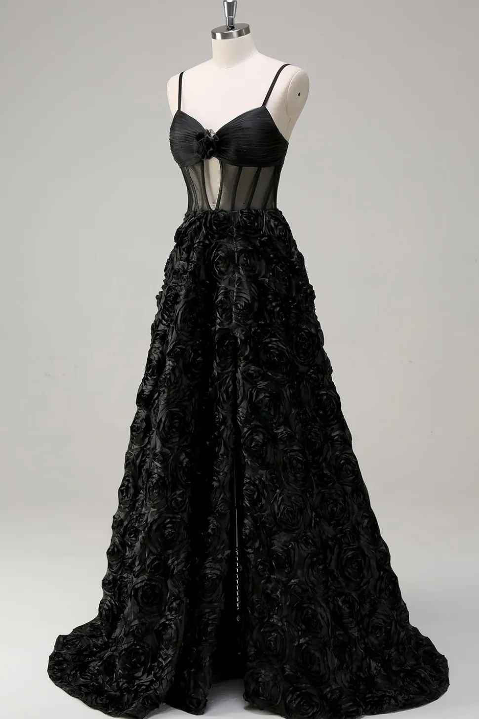 Elegante preto A Line 3D Floral Ball Gown com espartilho Sheer