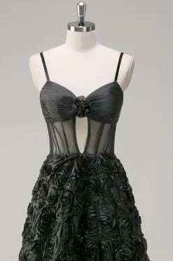 Elegante preto A Line 3D Floral Ball Gown com espartilho Sheer