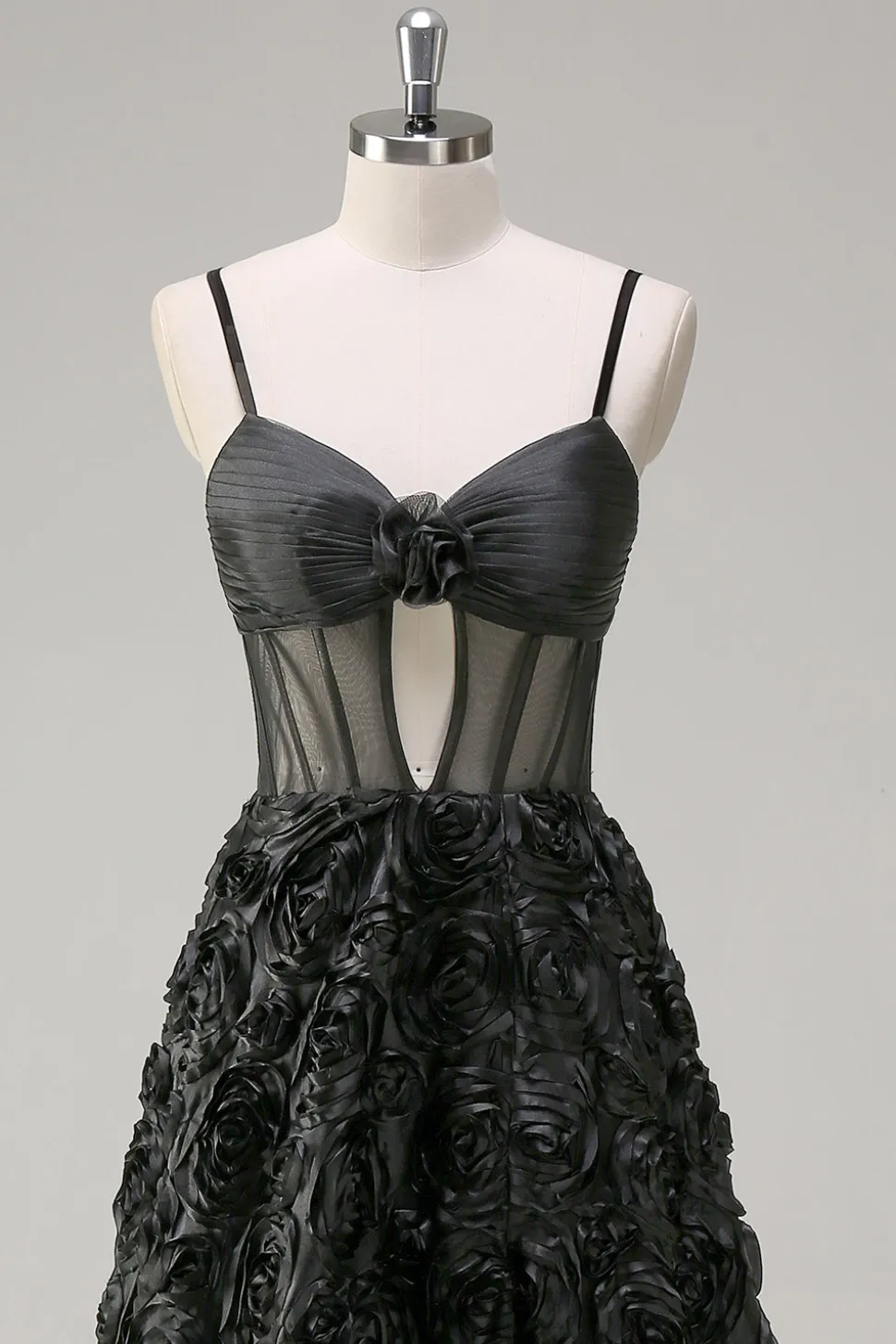 Elegante preto A Line 3D Floral Ball Gown com espartilho Sheer