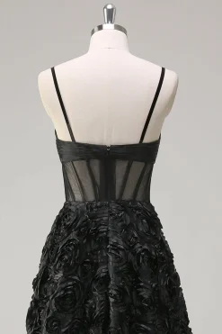Elegante preto A Line 3D Floral Ball Gown com espartilho Sheer