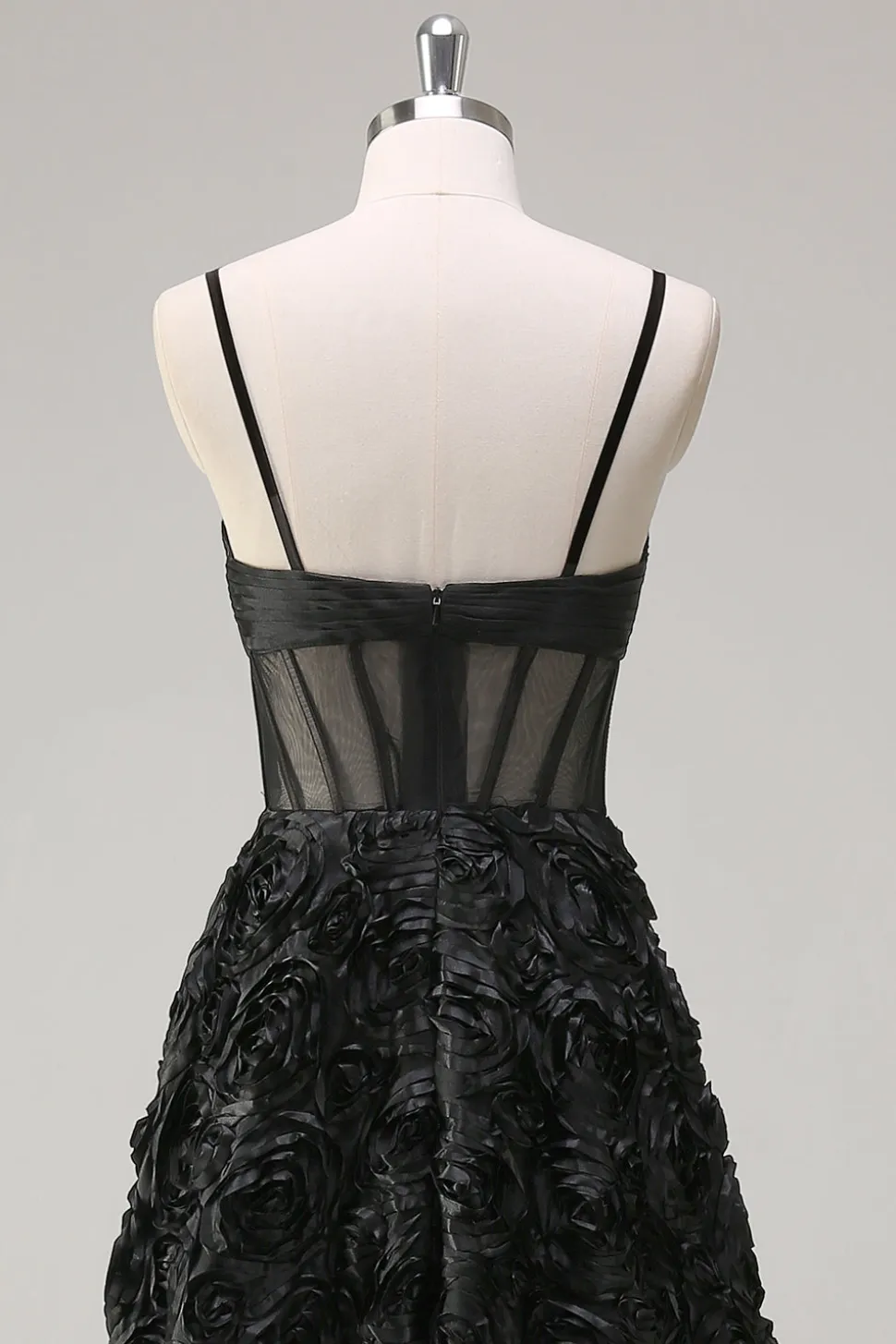 Elegante preto A Line 3D Floral Ball Gown com espartilho Sheer
