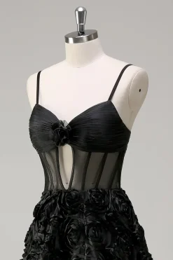 Elegante preto A Line 3D Floral Ball Gown com espartilho Sheer