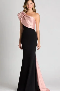 Elegante preto &blush Ruched um ombro bainha cetim vestido de gala