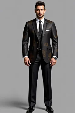 Elegante Preto bordado 3 peças Fatos Formal