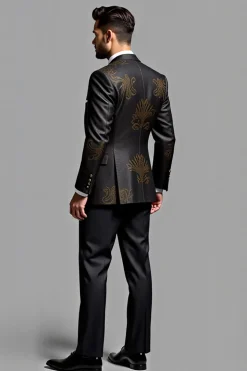 Elegante Preto bordado 3 peças Fatos Formal