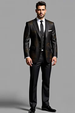 Elegante Preto bordado 3 peças Fatos Formal