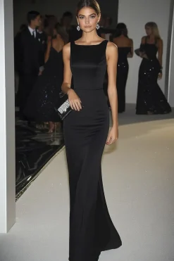 Elegante preto quadrado pescoço bainha cetim andar comprimento militar vestido de bola