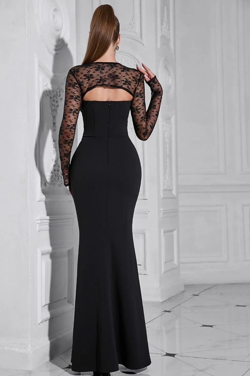 Elegante Preto Tule Mangas Sereia Hollow out Prom Dress