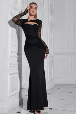 Elegante Preto Tule Mangas Sereia Hollow out Prom Dress