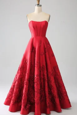 Elegante Princess A-Line Strapless Dark Red Long Prom Dress com flores 3D