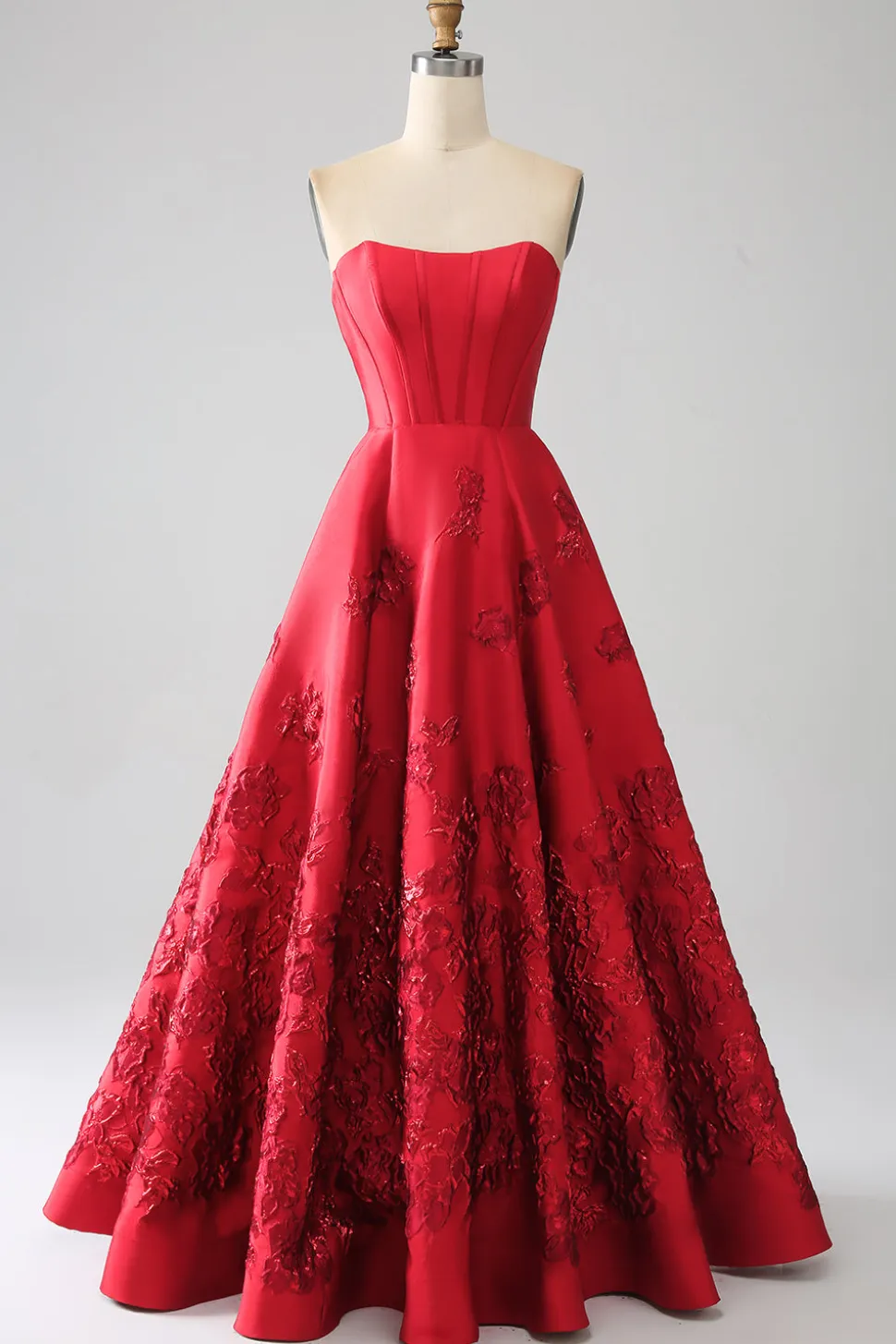 Elegante Princess A-Line Strapless Dark Red Long Prom Dress com flores 3D