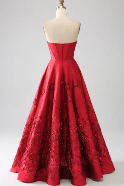 Elegante Princess A-Line Strapless Dark Red Long Prom Dress com flores 3D