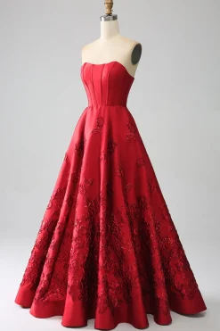 Elegante Princess A-Line Strapless Dark Red Long Prom Dress com flores 3D
