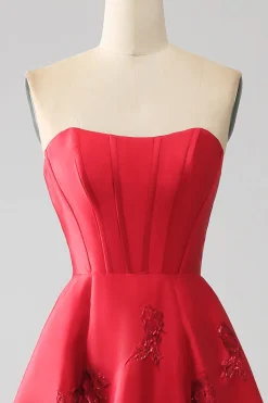 Elegante Princess A-Line Strapless Dark Red Long Prom Dress com flores 3D