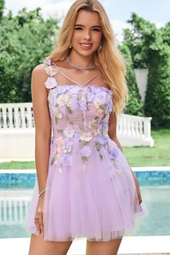 Elegante roxo uma linha Halter flores tule curto Homecoming vestido com renda para trás