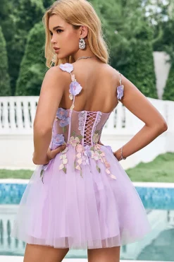 Elegante roxo uma linha Halter flores tule curto Homecoming vestido com renda para trás
