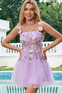 Elegante roxo uma linha Halter flores tule curto Homecoming vestido com renda para trás