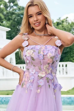 Elegante roxo uma linha Halter flores tule curto Homecoming vestido com renda para trás