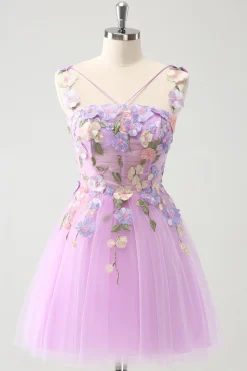 Elegante roxo uma linha Halter flores tule curto Homecoming vestido com renda para trás