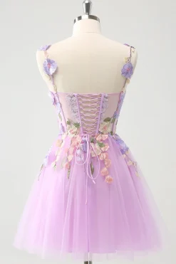 Elegante roxo uma linha Halter flores tule curto Homecoming vestido com renda para trás
