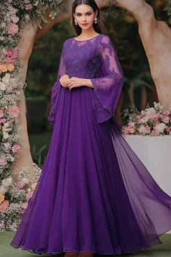 Elegante roxo uma linha xaile manga vestido mãe com apliques