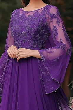 Elegante roxo uma linha xaile manga vestido mãe com apliques